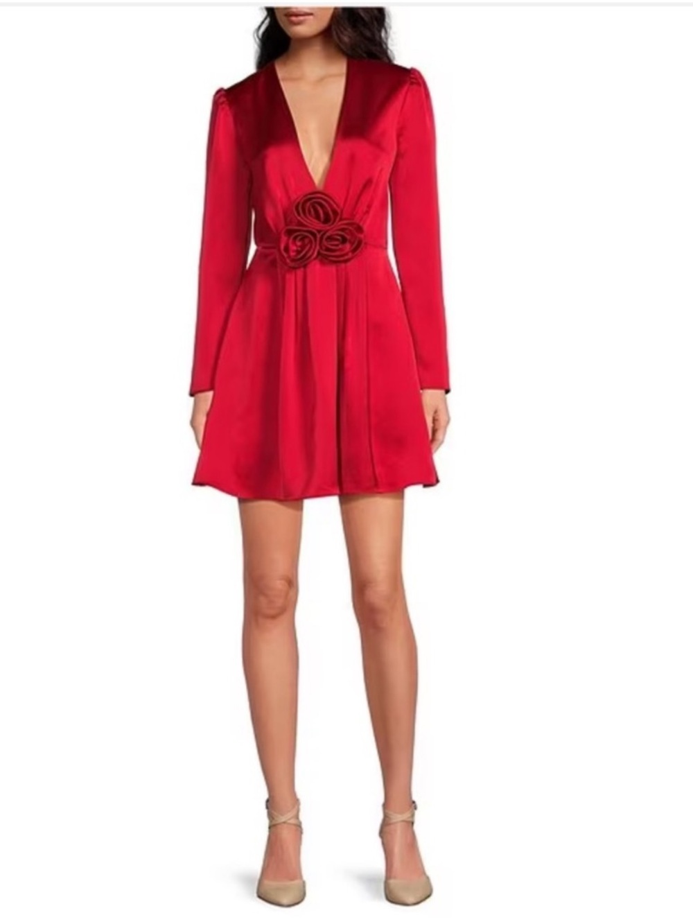 NWT Gianni Bini Bastian Satin V-Neck Rosette Long Sleeve A-Line Dress - Picture 5 of 11